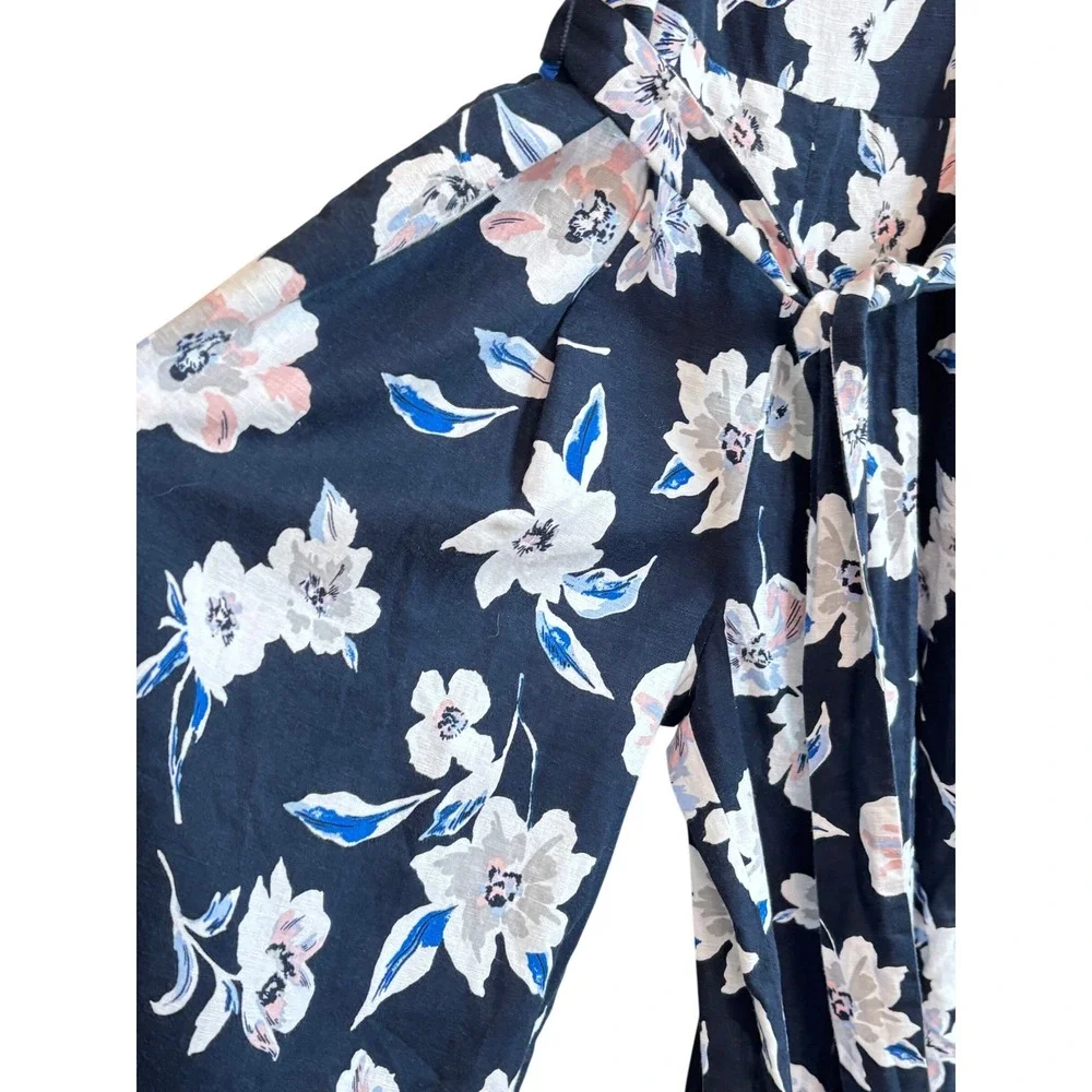 Banana Republic Floral Linen Jumpsuit Navy Blue Size 2 Petite Wide Leg Tie-Waist